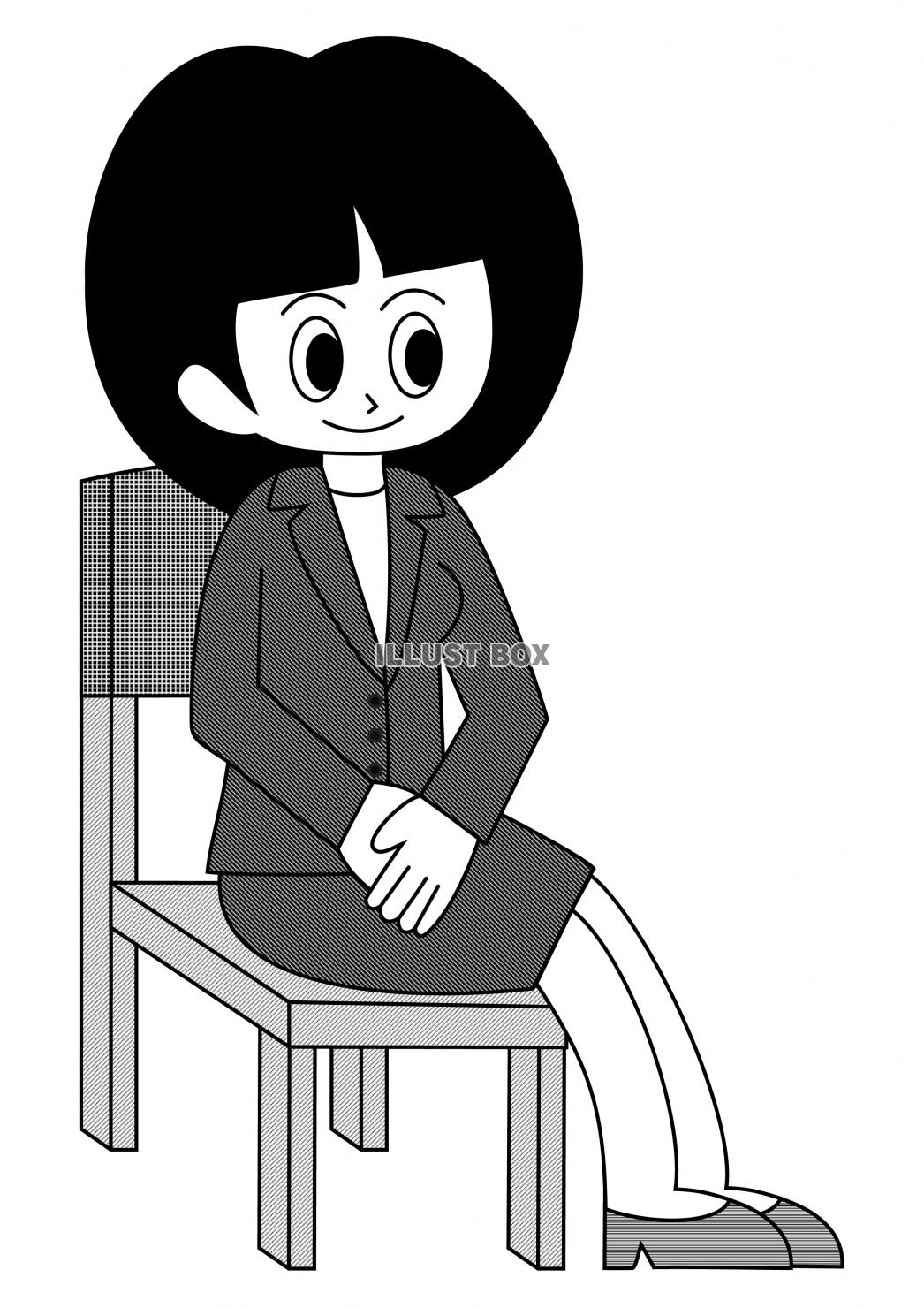 無料イラスト 椅子に座る女性 白黒