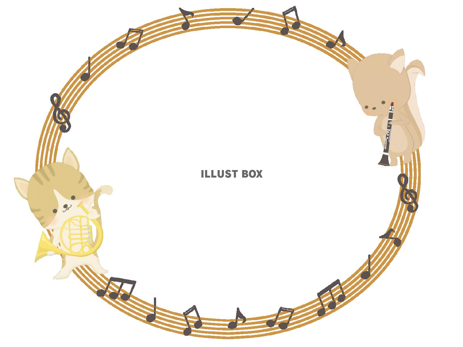 楽器を持つネコとリスのフレームイラスト　線なし