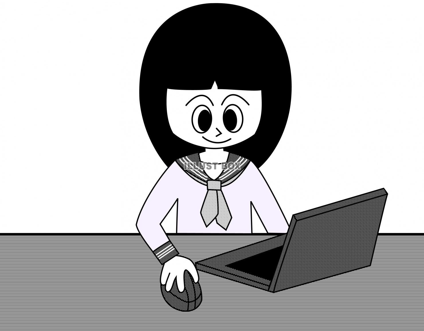 パソコン操作するセーラー服を着た女子学生（白黒）