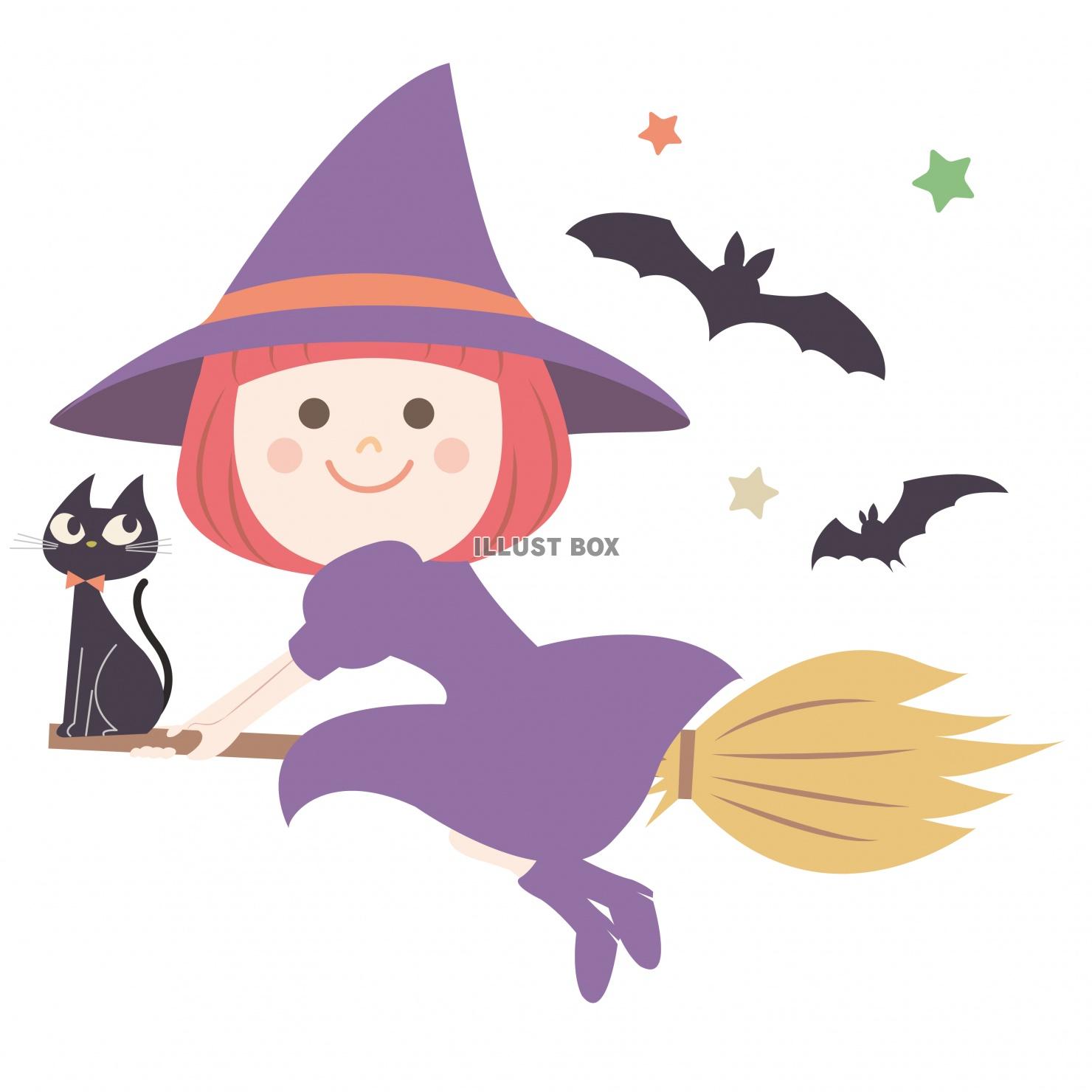 無料イラスト ハロウィンイラスト ほうきに乗った魔女の女の子と黒猫 挿絵