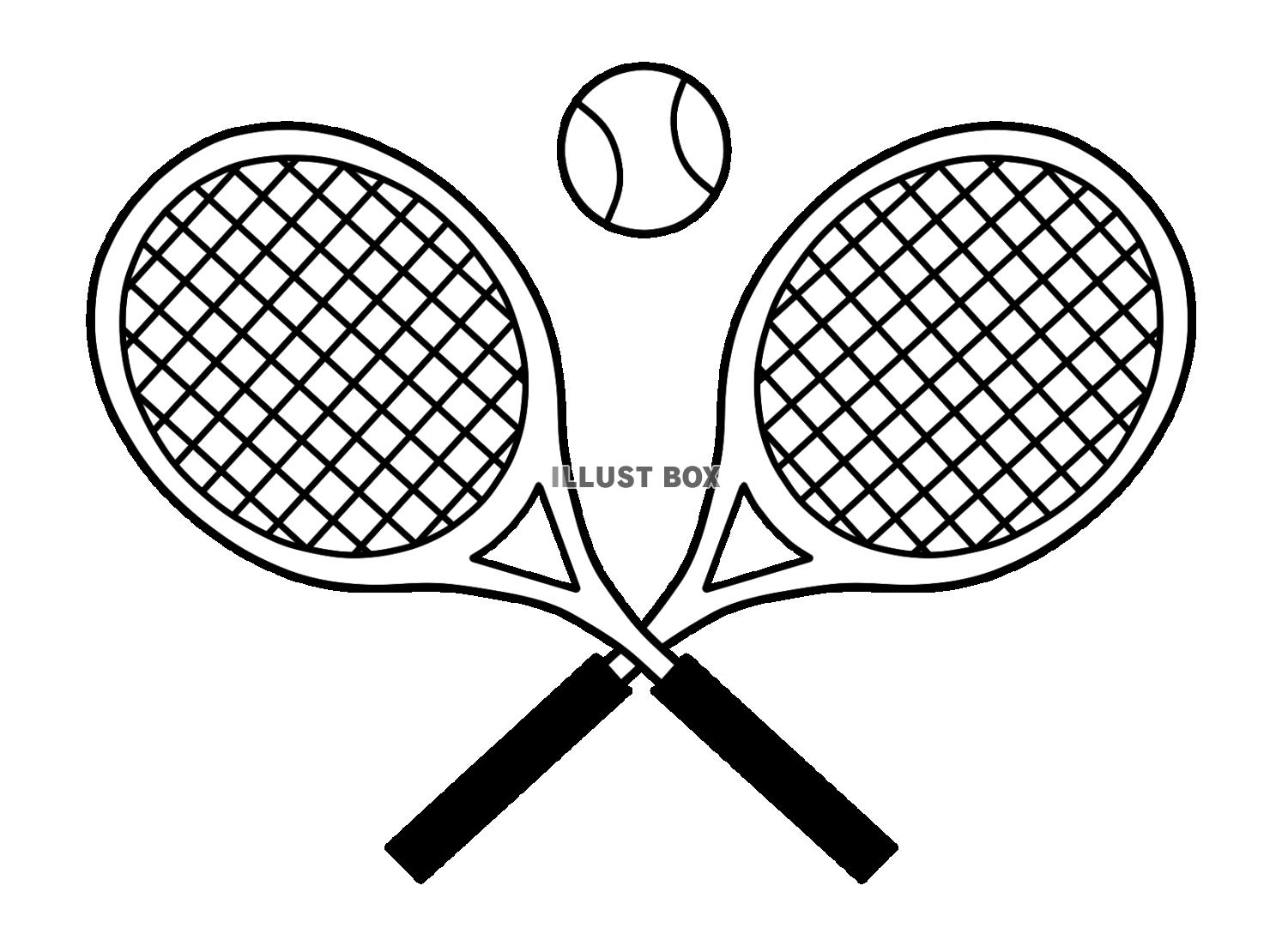 テニスボール２本の交差するテニスラケット　モノクロ
