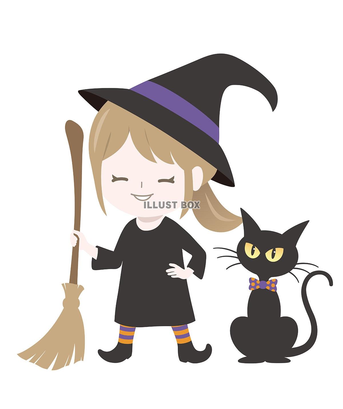 ハロウィンのキャラクター　かわいい魔女と黒猫のイラスト