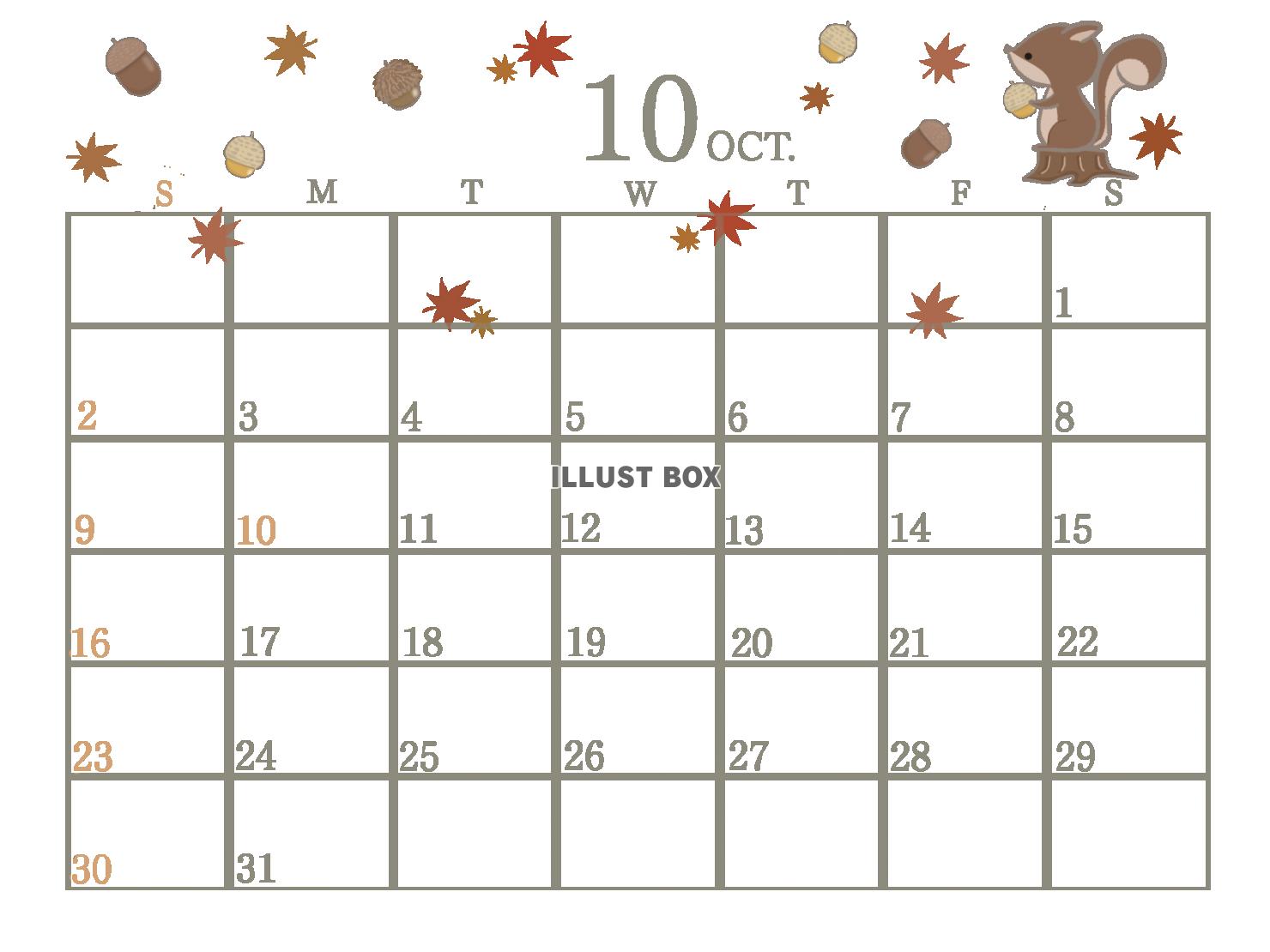 ２０２２年１０月のカレンダー（横）　リスとドングリ