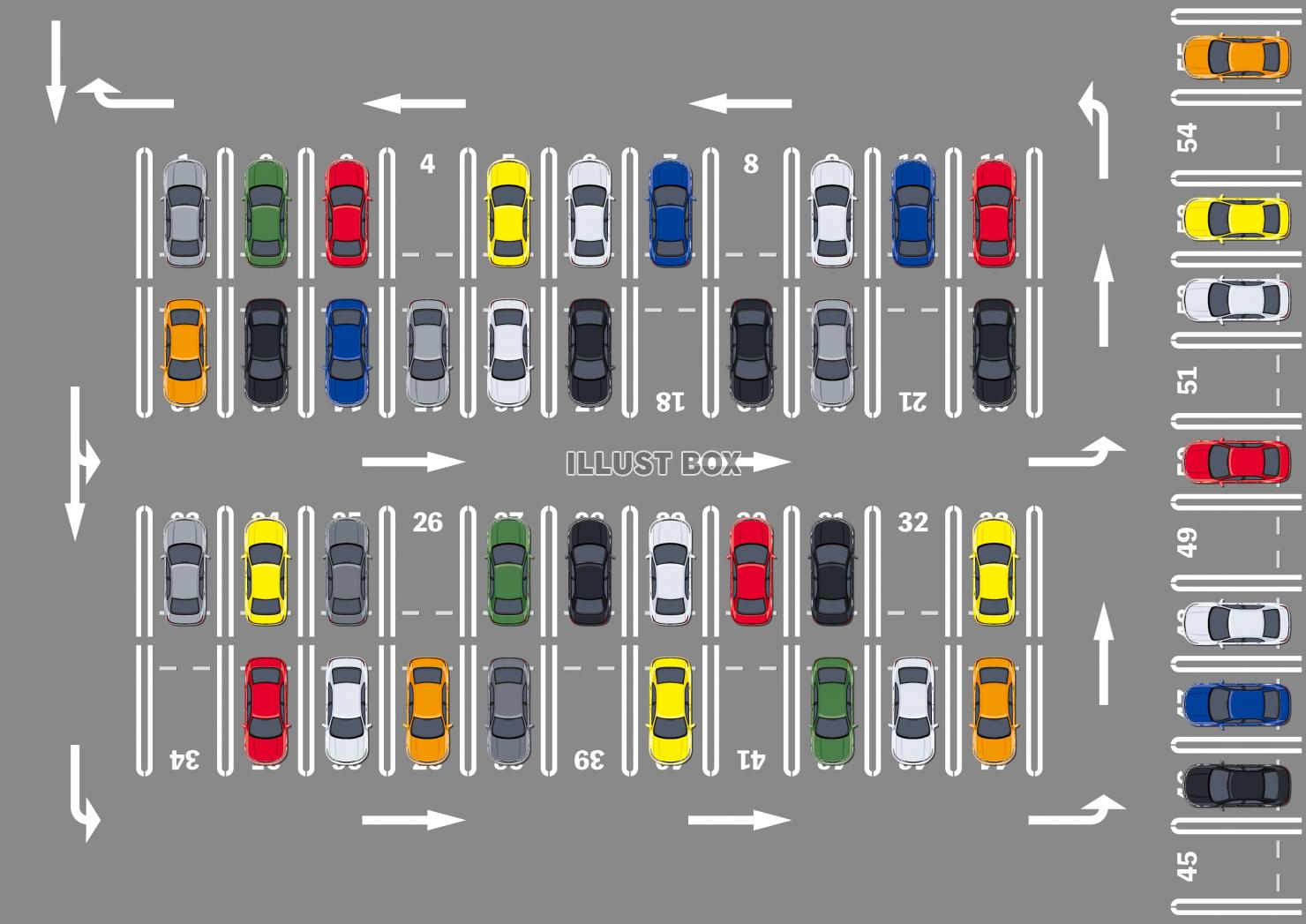 無料イラスト 駐車場の俯瞰 上から見たパーキング 駐車中の車