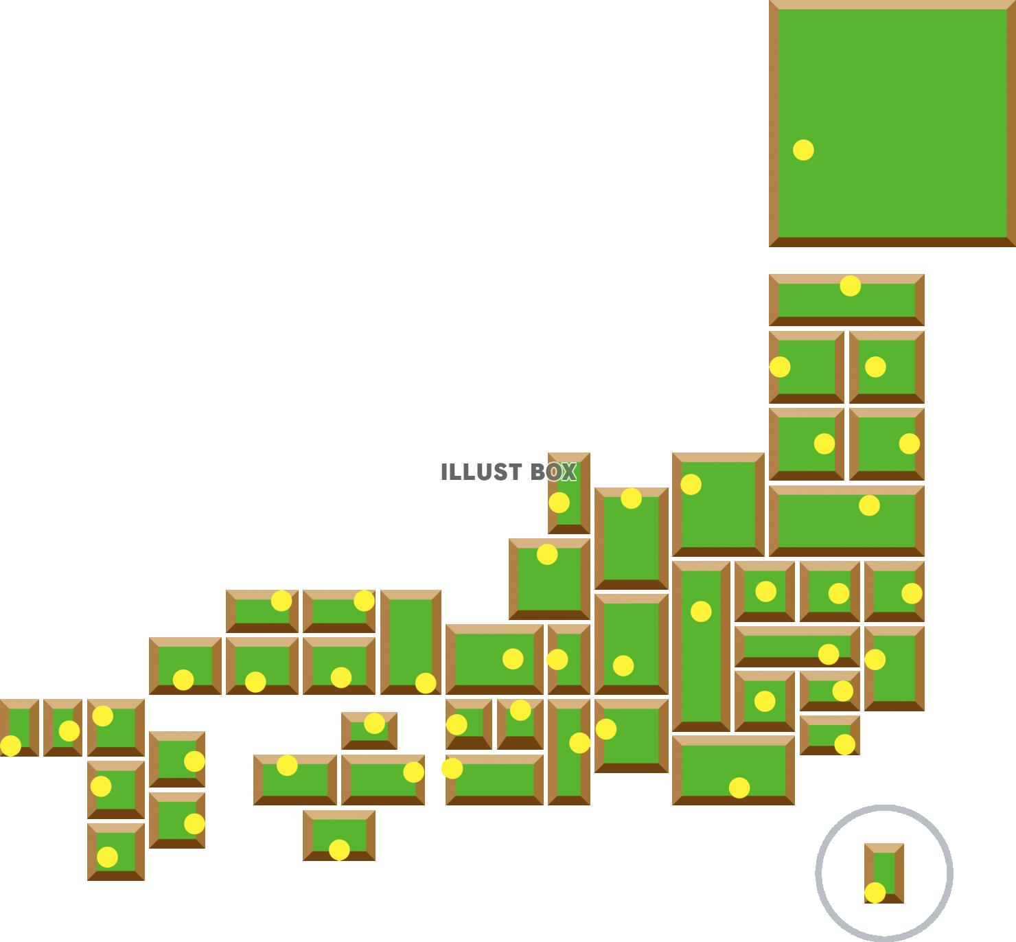 四角のタイルで単純化した日本地図　県庁所在地
