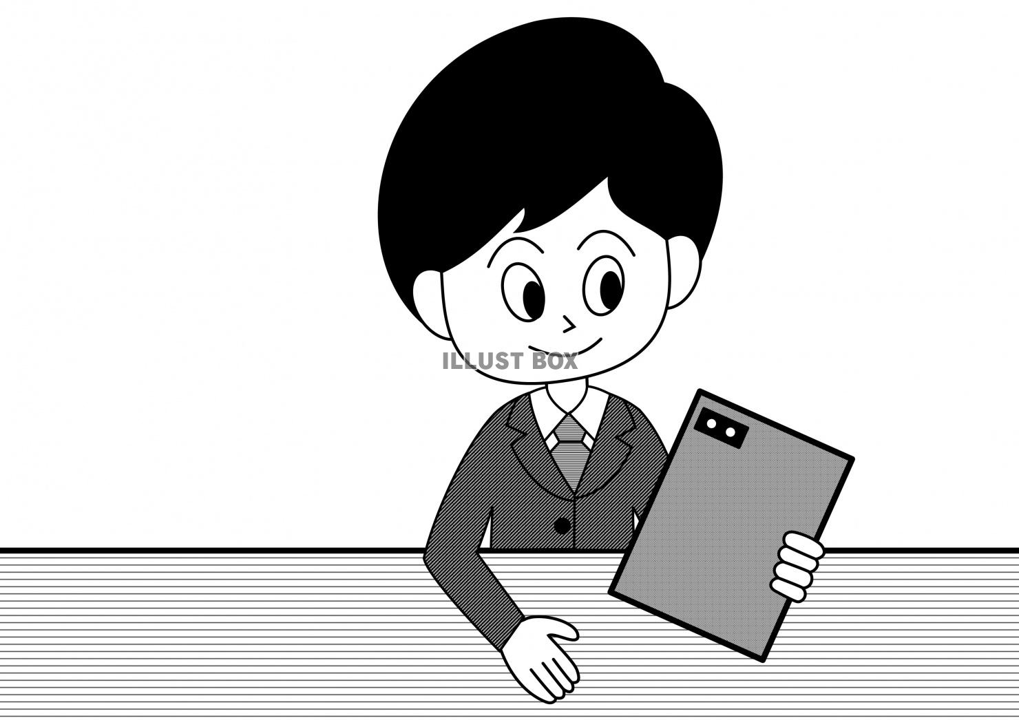 タブレット端末を持つ男子高校生（白黒）