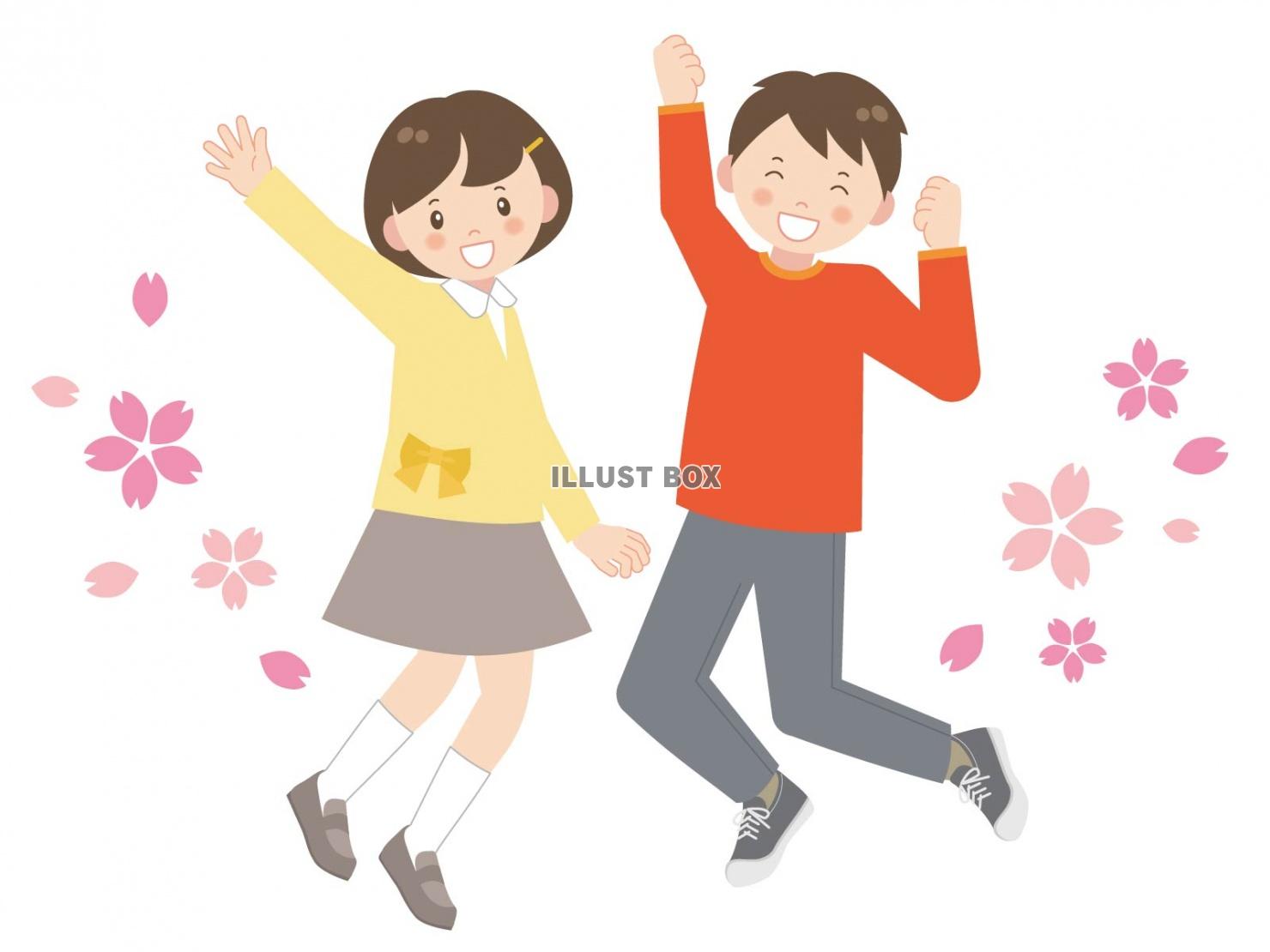 桜の中でジャンプする男の子と女の子 