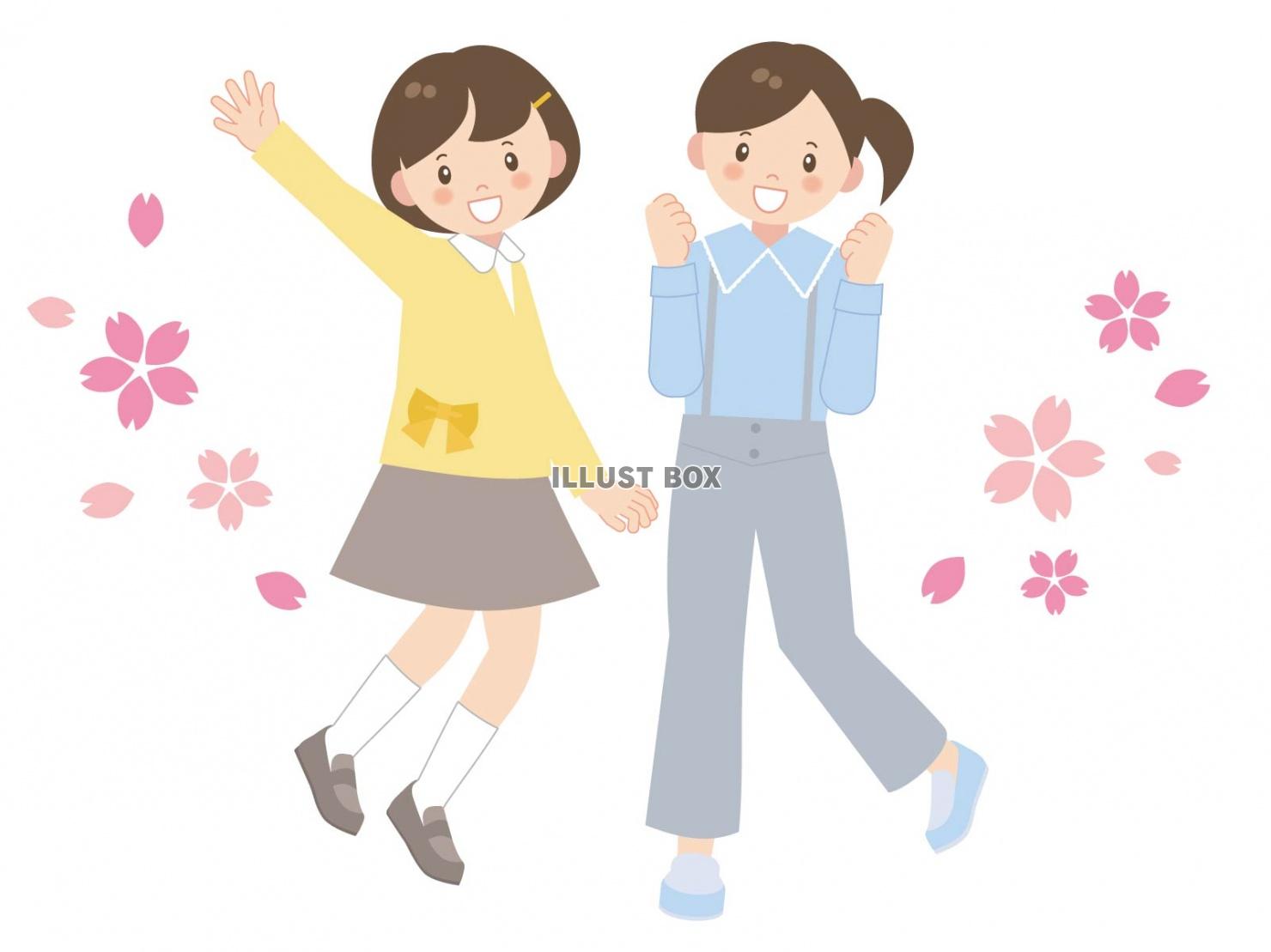 桜の中でジャンプする女の子達 