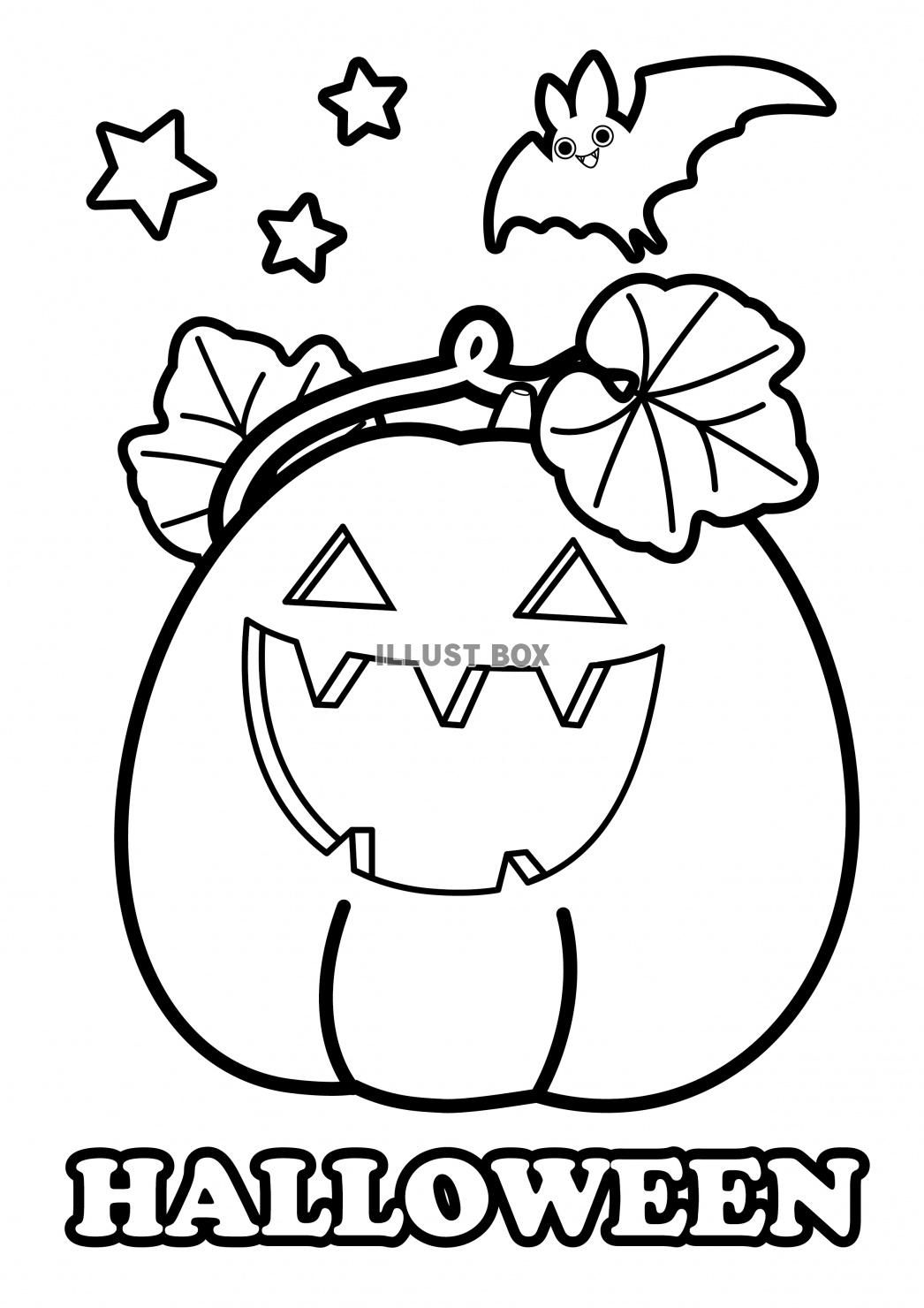 無料イラスト Halloweenかわいいぬりえ4 葉っぱかぼちゃとコウモリ