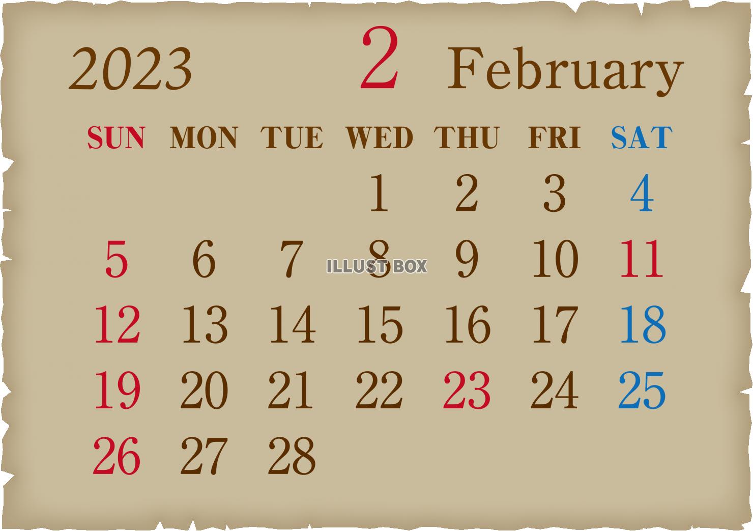 2023年　古紙風　カレンダー2月