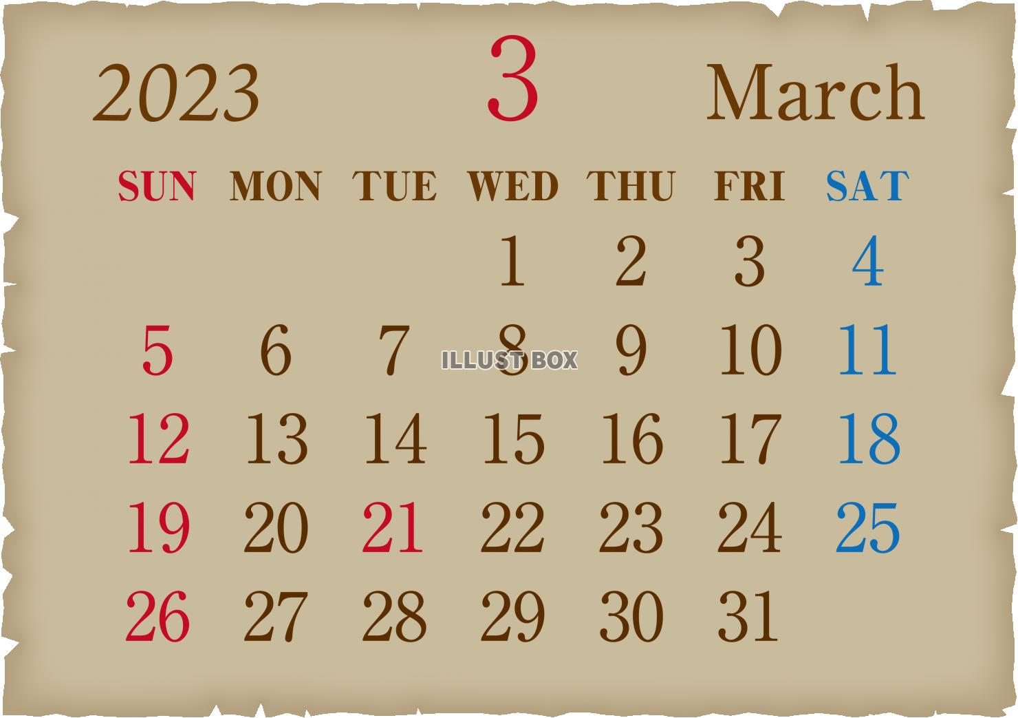 2023年　古紙風　カレンダー3月