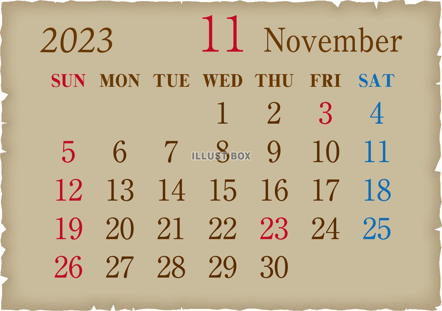 2023年　古紙風　カレンダー11月
