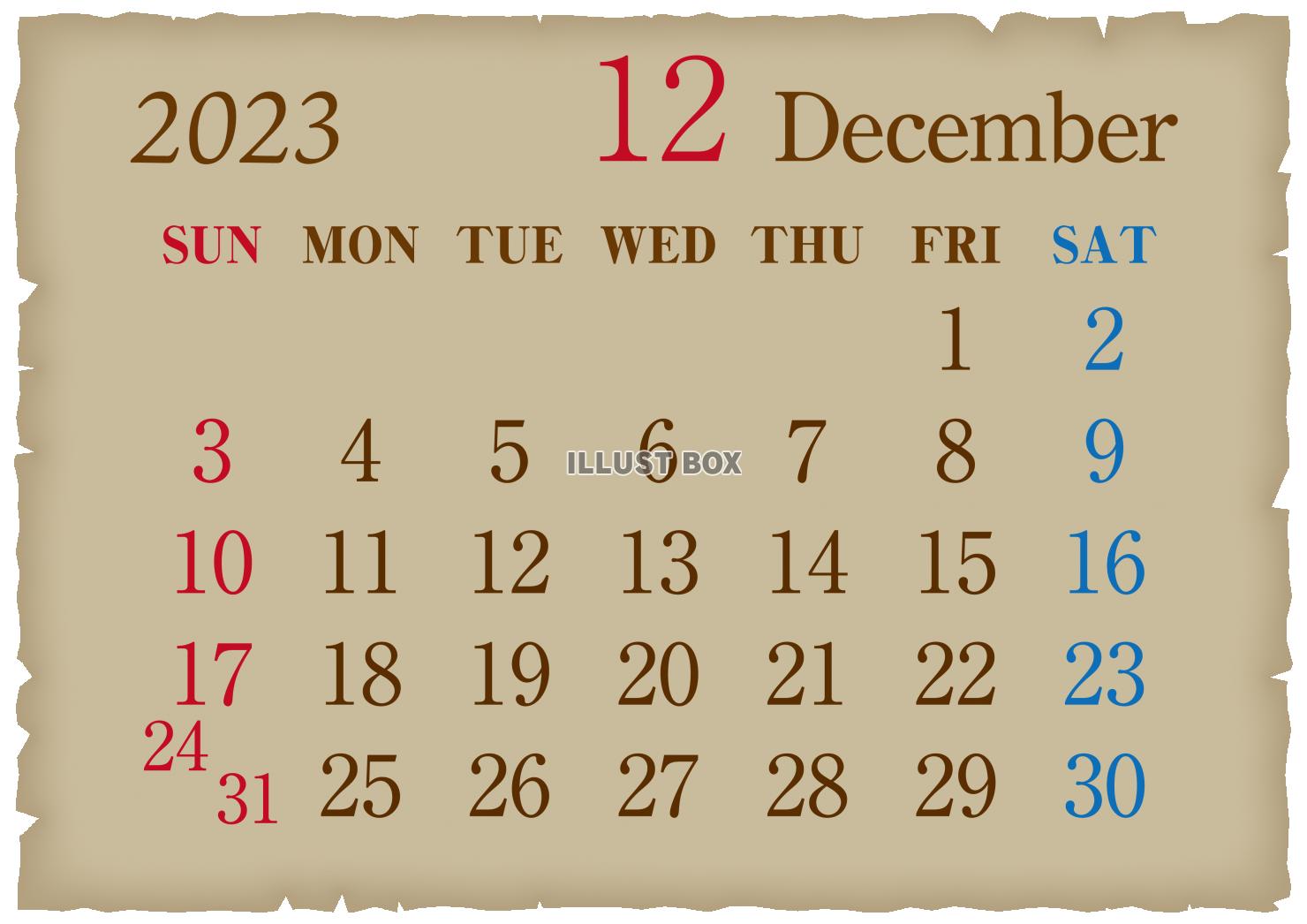 2023年　古紙風　カレンダー12月
