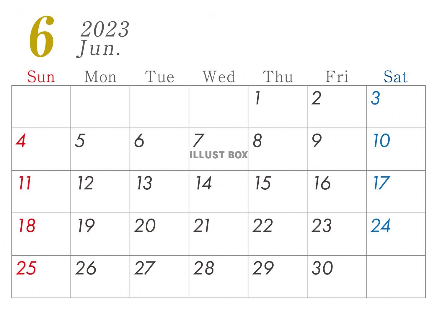 2023年　シンプル　カレンダー6月