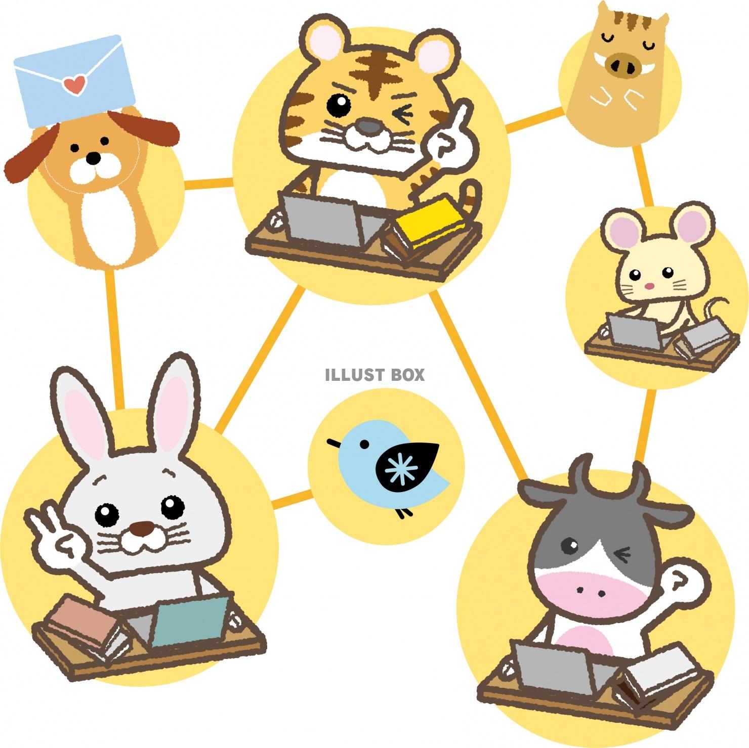 パソコンで勉強・仕事をするいろんな動物のイラスト