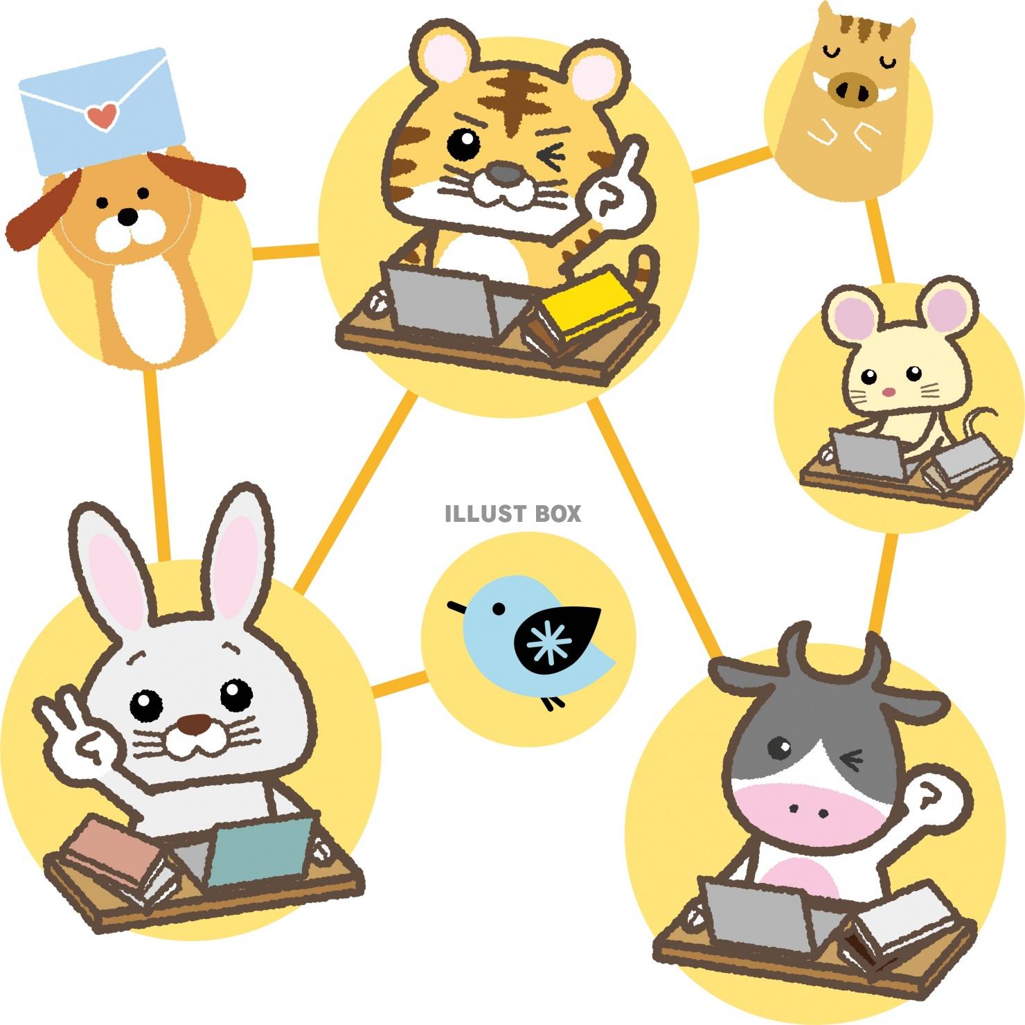 パソコンで勉強・仕事をするいろんな動物のイラスト