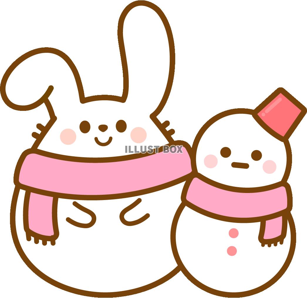 ウサギと雪だるま　ピンク