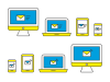 パソコン、スマホ、タブレットとメールのビジネスアイコンセット　青と黄色