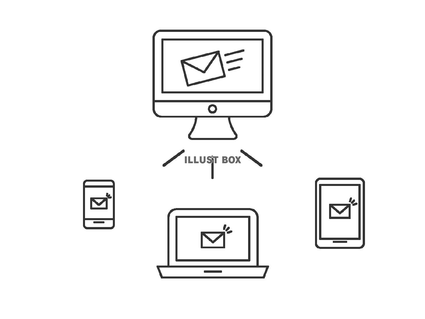 メールの送信と受信のシンプルな線画のイラスト　白黒