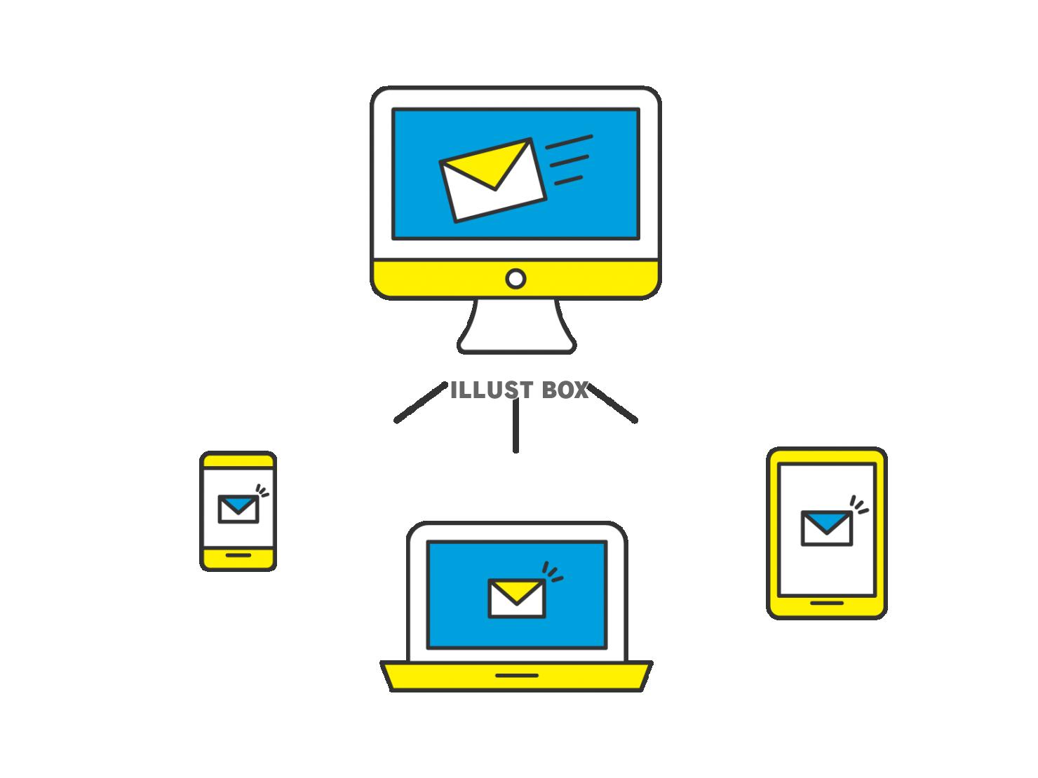 メールの送信と受信のシンプルな線画のイラスト　青と黄色