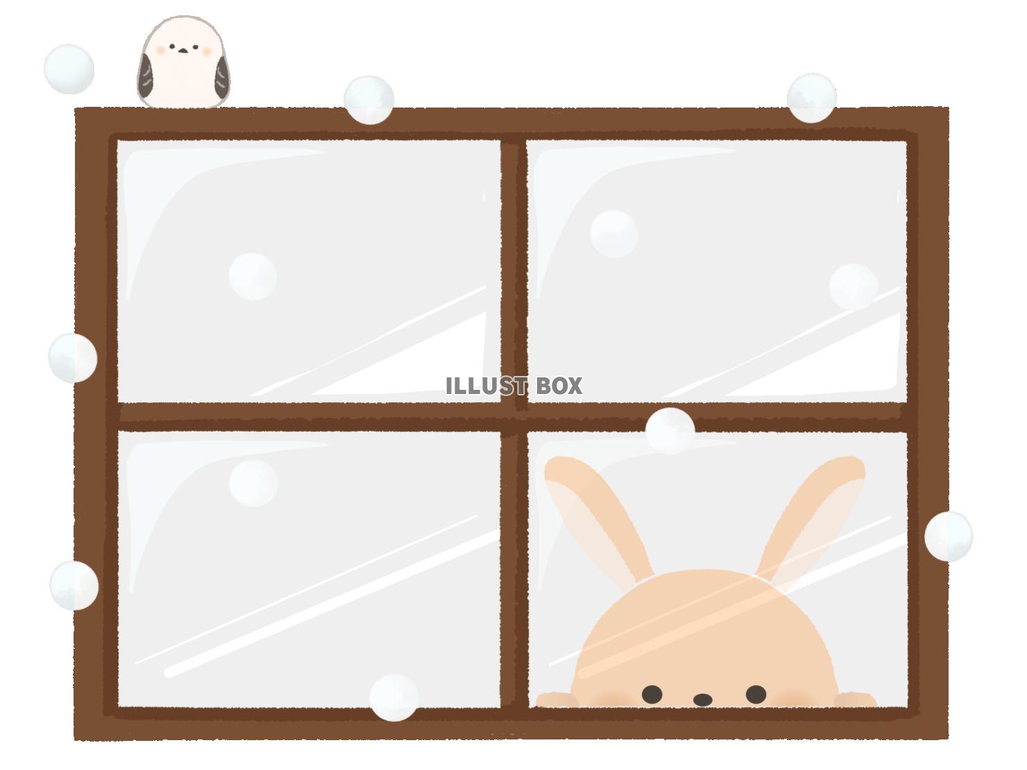 窓辺で外を見るウサギのイラスト　線なし