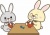 2023年の年賀状に使える善哉・お雑煮を食べるうさぎのイラスト