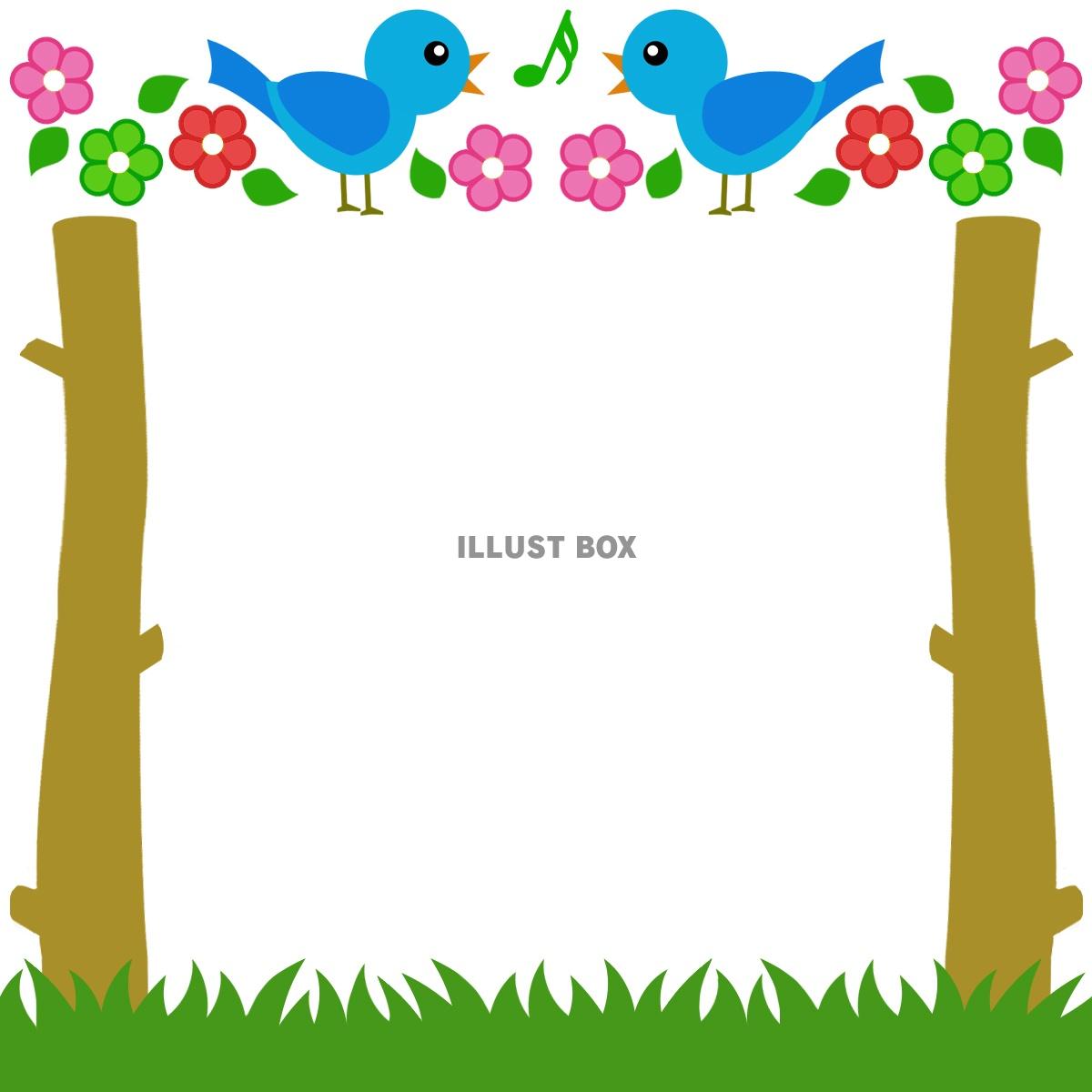 小鳥と花模様のフレームシンプル飾り枠背景イラスト
