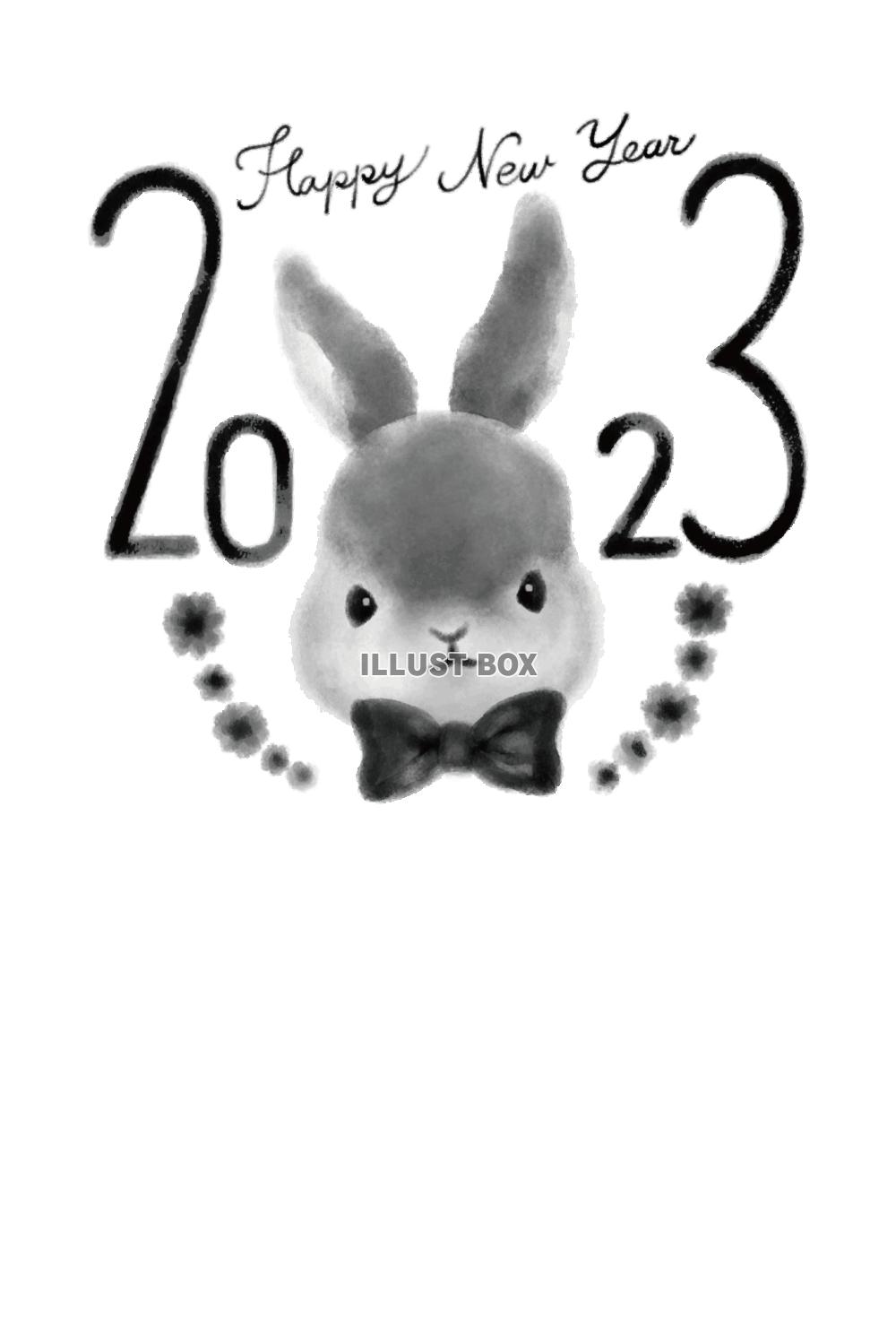 2023卯年賀状_水彩うさぎ顔_白黒_縦
