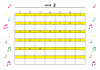 2月：2023年月間カレンダー：カラフル音符と黄色ライン：日曜始まり：横：音楽：ピアノ教室