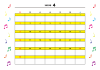 4月：2023年月間カレンダー：カラフル音符と黄色ライン：日曜始まり：横：音楽：ピアノ教室
