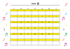 6月：2023年月間カレンダー：カラフル音符と黄色ライン：日曜始まり：横：音楽：ピアノ教室