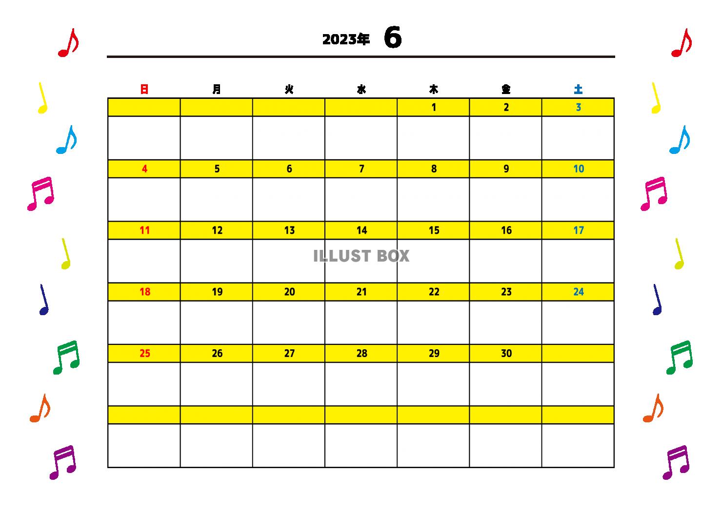 6月：2023年月間カレンダー：カラフル音符と黄色ライン：日...