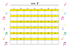 7月：2023年月間カレンダー：カラフル音符と黄色ライン：日曜始まり：横：音楽：ピアノ教室
