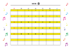 8月：2023年月間カレンダー：カラフル音符と黄色ライン：日曜始まり：横：音楽：ピアノ教室
