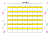 11月：2023年月間カレンダー：カラフル音符と黄色ライン：日曜始まり：横：音楽：ピアノ教室