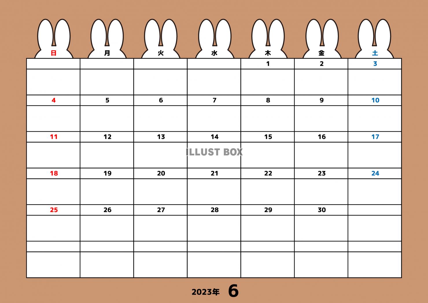 6月：2023年月間カレンダー：ウサギの耳とグレイッシュカラ...