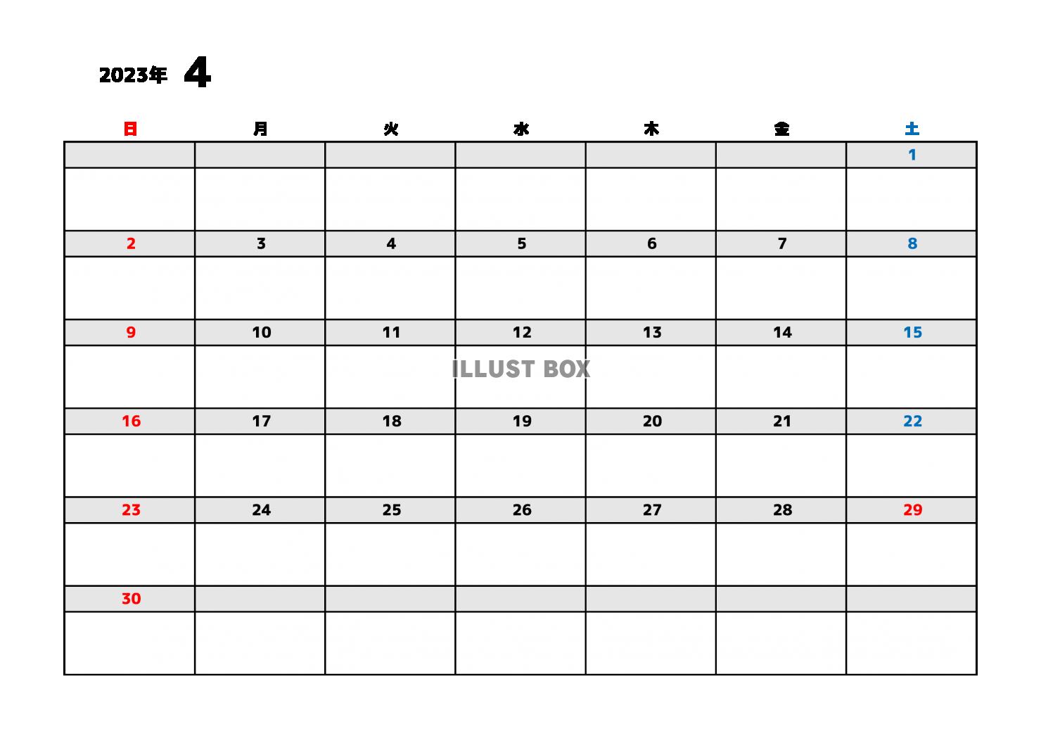4月：2023年月間カレンダー：シンプルな灰色ライン：日曜始...