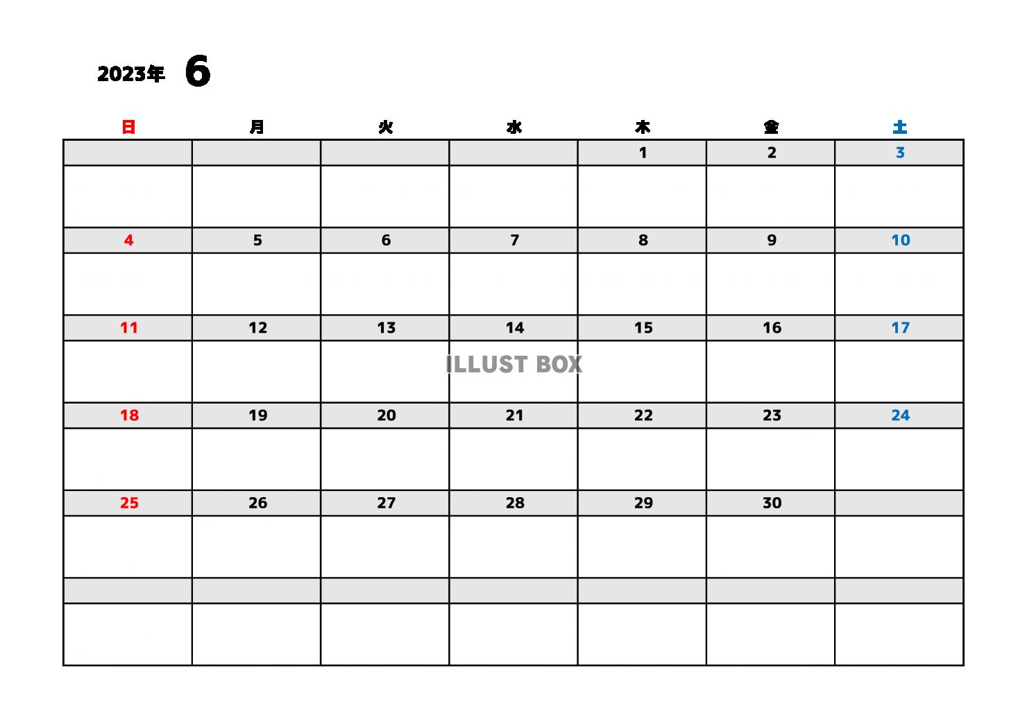 6月：2023年月間カレンダー：シンプルな灰色ライン：日曜始...
