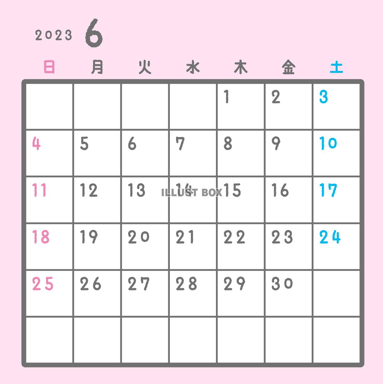 2023年月間カレンダー　6月　パステルカラー　正方形