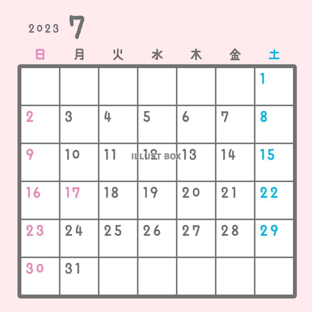 2023年月間カレンダー　7月　パステルカラー　正方形
