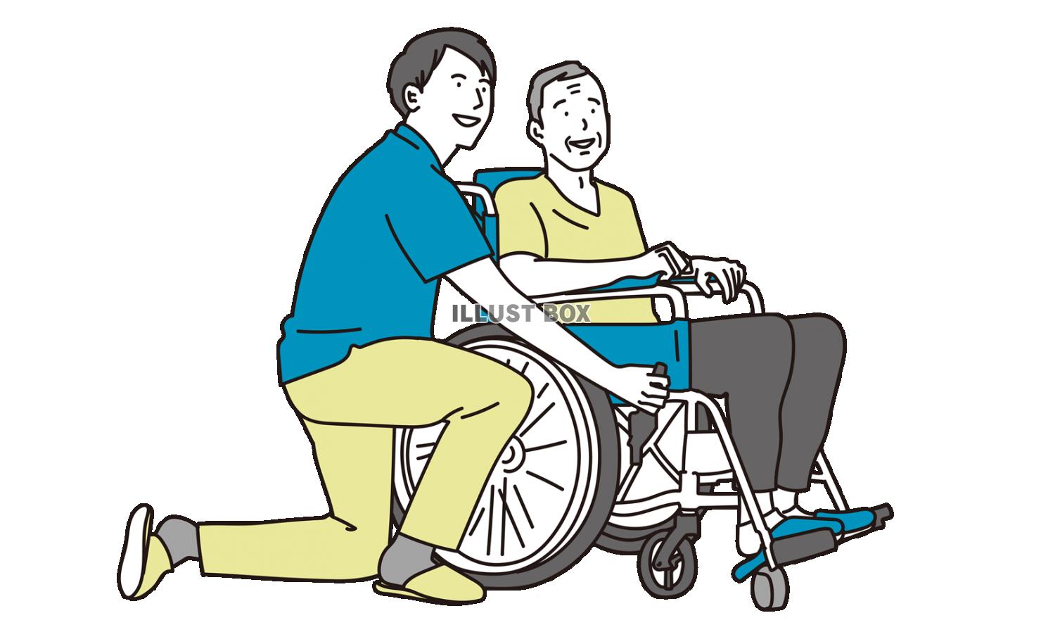 車椅子に乗る高齢者と介護士