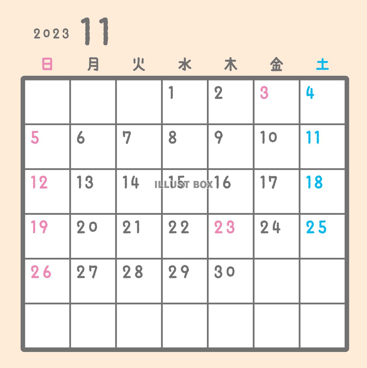2023年月間カレンダー　11月　パステルカラー　正方形