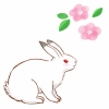 水彩画風、花を見上げる白ウサギ