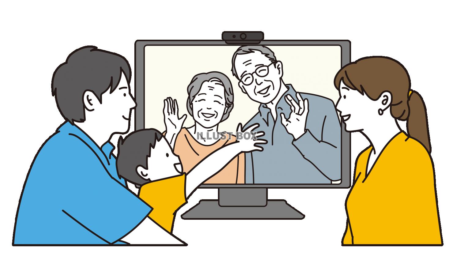 無料イラスト テレビ電話で会話をする家族