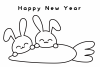 2023年年賀状・横・大きなニンジンとウサギの白黒塗り絵・happynewyear