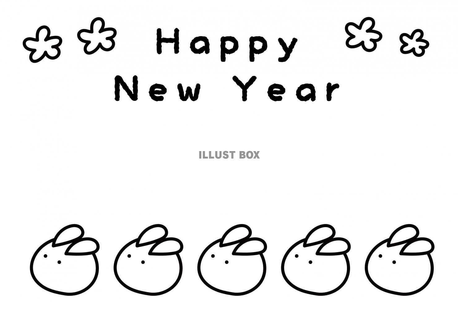 2023年年賀状・横・雪ウサギの白黒塗り絵・happynew...