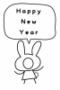 2023年年賀状・縦・1人用顔ハメ写真フレームのウサギの白黒塗り絵・happynewyear
