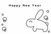 2023年年賀状・横・笑顔のウサギの白黒塗り絵・happynewyear
