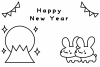 2023年年賀状・横・富士山と初日の出を見る夫婦ウサギの白黒塗り絵・happynewyear