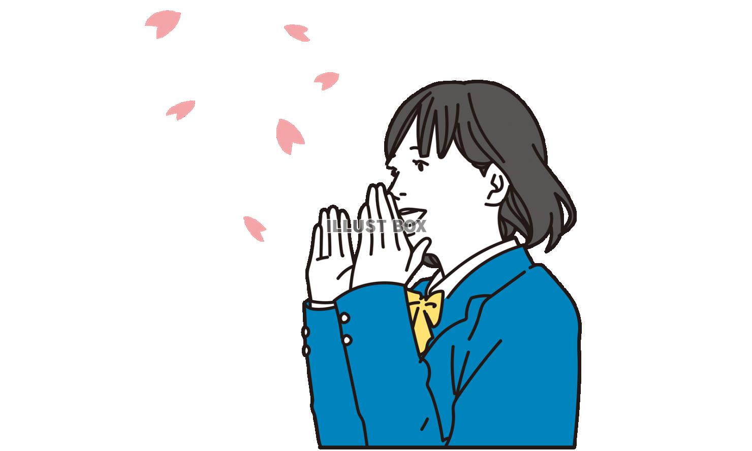 桜吹雪を背景に応援する日本人女子学生